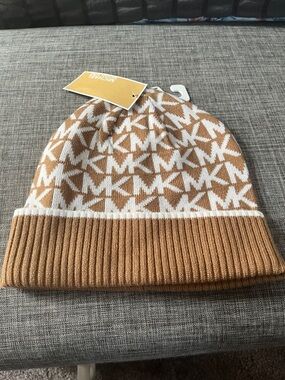 Michael Kors Tan & White MK Logo Knit Beanie